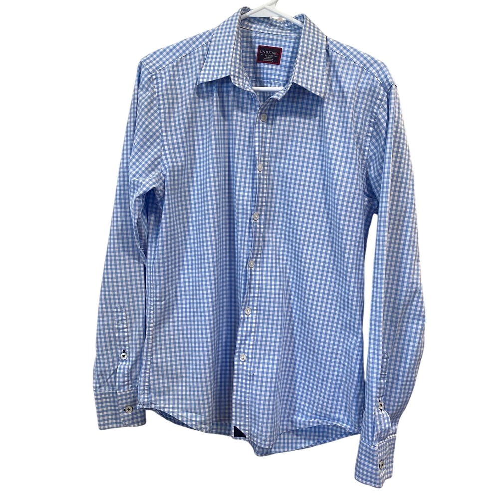 UNTUCKit Mens Medium Slim Fit Light Blue Gingham Button Down Shirt Cotton READ‎